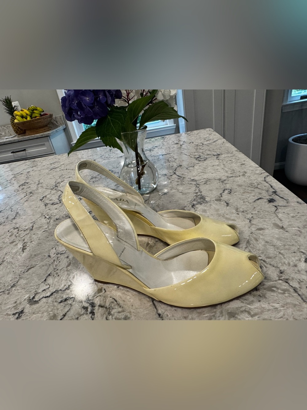Vintage PRADA Peep Toe Ivory Light Yellow Patent Leather Pumps size 9 1/2 Flaw
